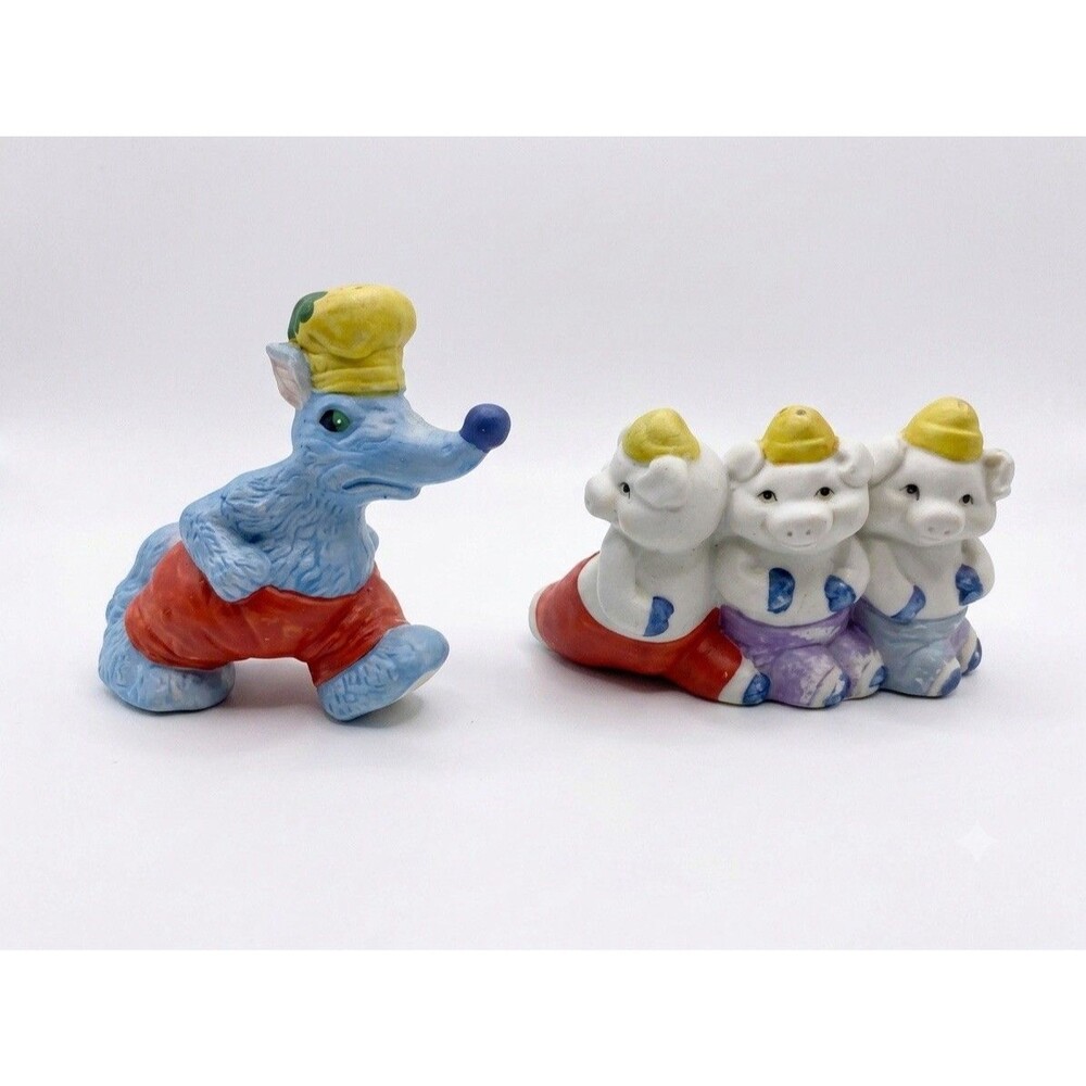 VTG 90s Albert E. Price Salt & Pepper Shakers Set Wolf & Three Little Pigs Retro